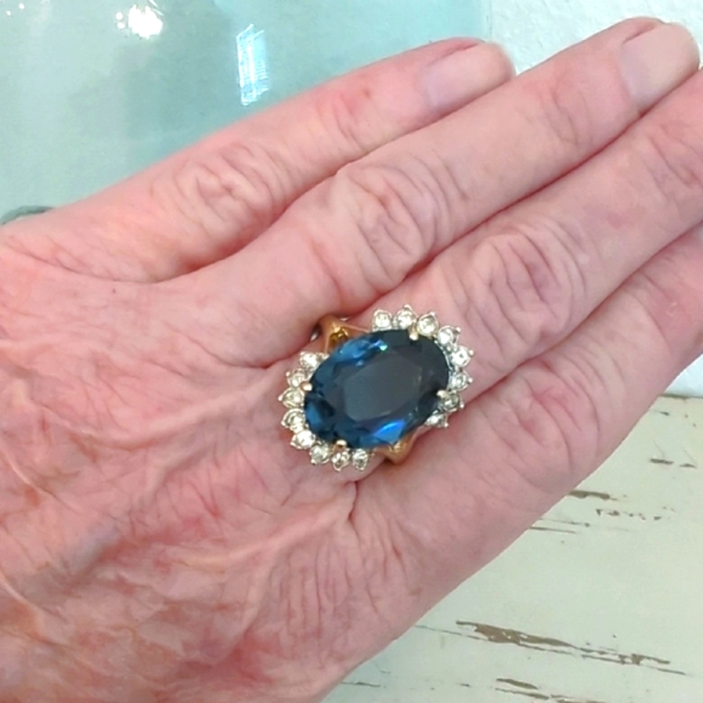 Vintage Huge "Joseph Esposito", ESPO 14k GE Sapphire Blue Diamonique Ring - Picture 8 of 8